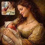 A delighted parent cradles a squishy, red-faced newborn in a hospital bed — sleepy smiles, messy hair, an IV line tucked in, and a triumphant Snapchat banner declaring "The new babygirl is here!!" with two heart emojis. Heart-melting chaos and tender exhaustion in one frame.