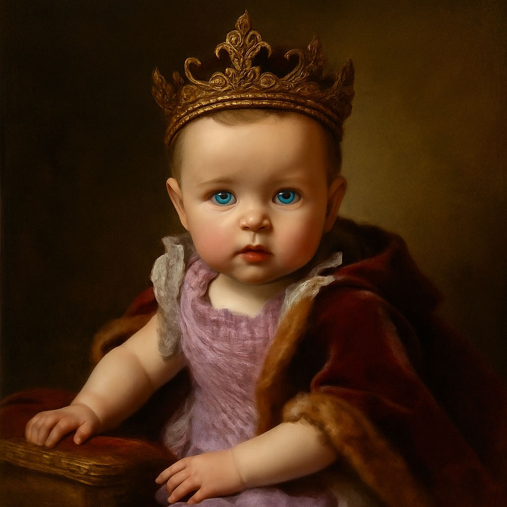 A curious baby with big blue eyes and chubby cheeks is lying on a soft blanket, wearing a cute purple checkered outfit, seemingly exploring the world one adorable gaze at a time.