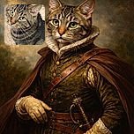 A close-up of a beautiful tabby cat with striking green eyes looking up with a curious and slightly mischievous expression, its detailed fur pattern sharply captured against a neutral floor background.