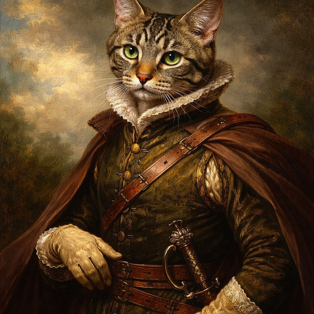 A close-up of a beautiful tabby cat with striking green eyes looking up with a curious and slightly mischievous expression, its detailed fur pattern sharply captured against a neutral floor background.