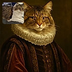 A fluffy tabby cat with white paws lounges elegantly on the armrest of a gray sofa, looking slightly amused and regal. The cozy living room background is softly blurred, highlighting the cat's thick fur and alert eyes.