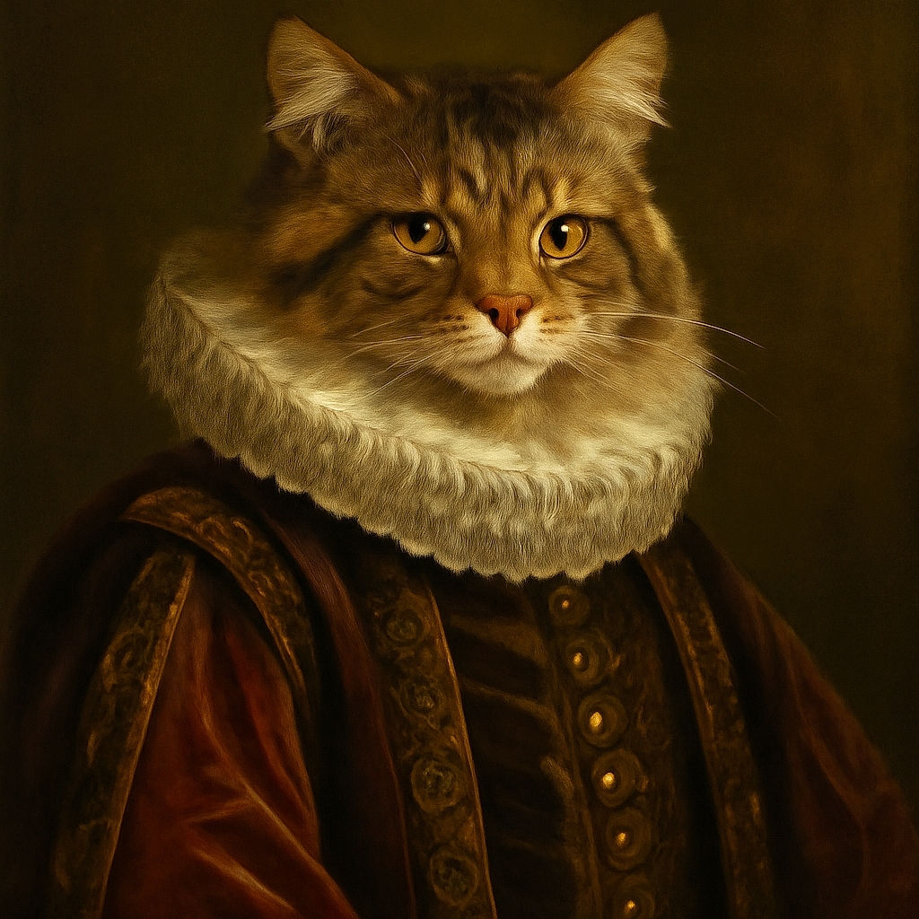 A fluffy tabby cat with white paws lounges elegantly on the armrest of a gray sofa, looking slightly amused and regal. The cozy living room background is softly blurred, highlighting the cat's thick fur and alert eyes.