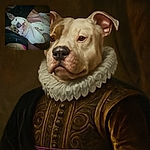 A relaxed dog lying on its back with paws curled up, looking content and cozy against a dark background and a person with a visible tattoo nearby.