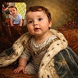 A curious toddler with chubby cheeks and big eyes is perched on a wooden chair, leaning forward as if ready to explore the world. Behind, a person casually sits with a phone, while the cozy room with patterned chair covers and wood paneling adds a warm homey vibe.