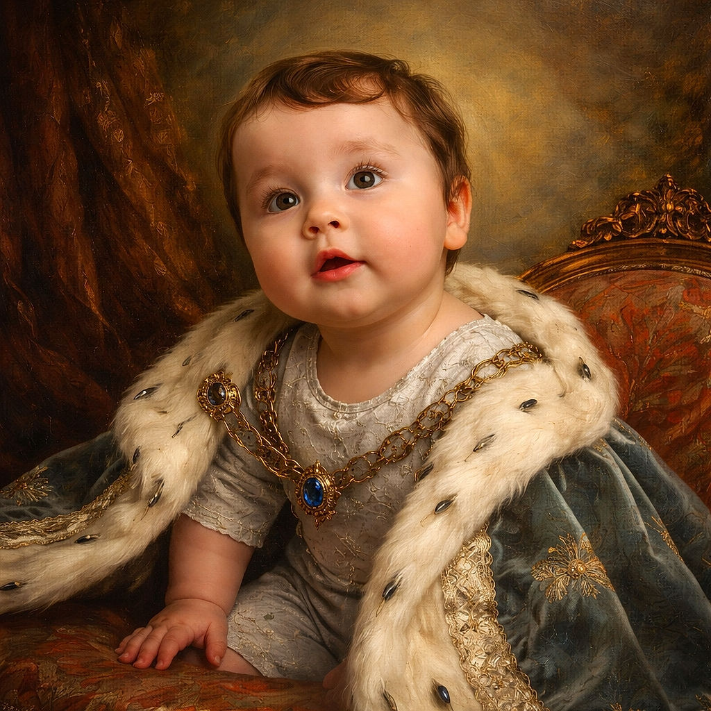 A curious toddler with chubby cheeks and big eyes is perched on a wooden chair, leaning forward as if ready to explore the world. Behind, a person casually sits with a phone, while the cozy room with patterned chair covers and wood paneling adds a warm homey vibe.