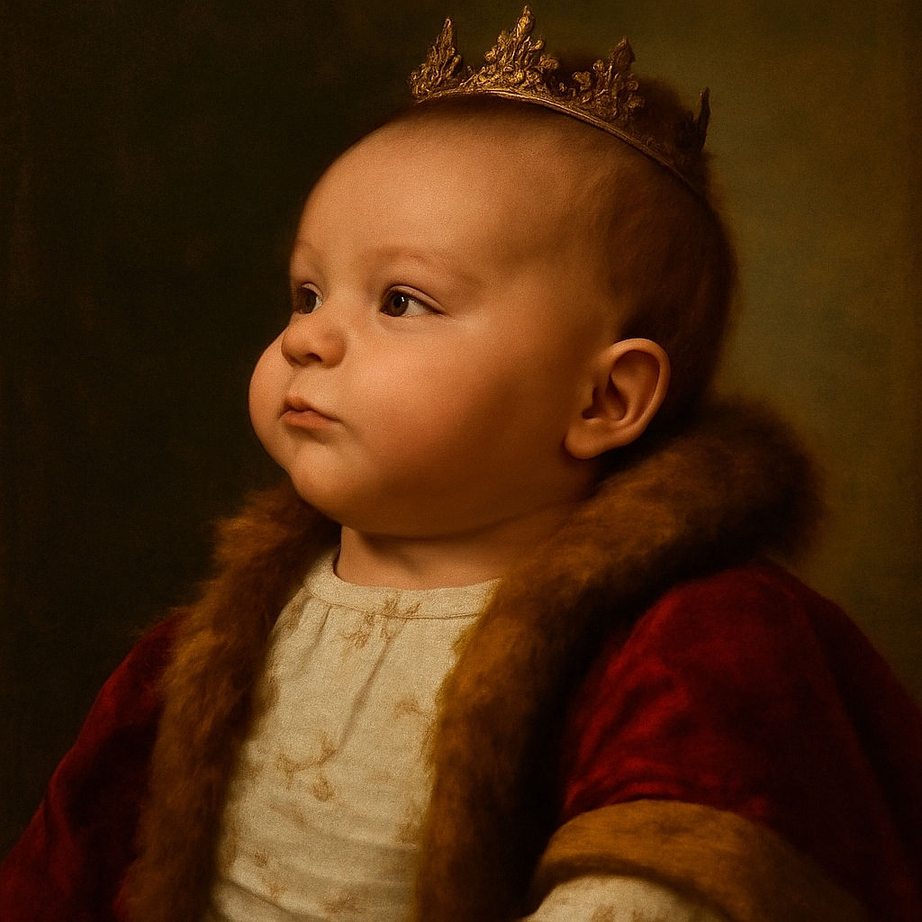 A close-up side profile of a baby looking upwards with a soft focus background of chairs, capturing the smooth texture of the baby's skin and delicate features in gentle lighting.