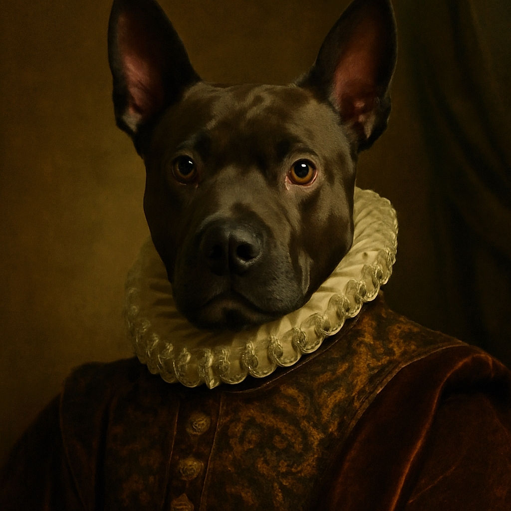 A curious dog with large ears and soulful eyes peers up at the camera, standing indoors on a wooden floor next to a white wall, capturing an intimate moment of canine inquisitiveness.