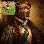 A happy brown dog with a white chest stands alert on green grass with a leash loosely coiled nearby, ready for an adventure. The background shows a patch of soil and some plants, with a typical phone interface overlay and French text at the top.