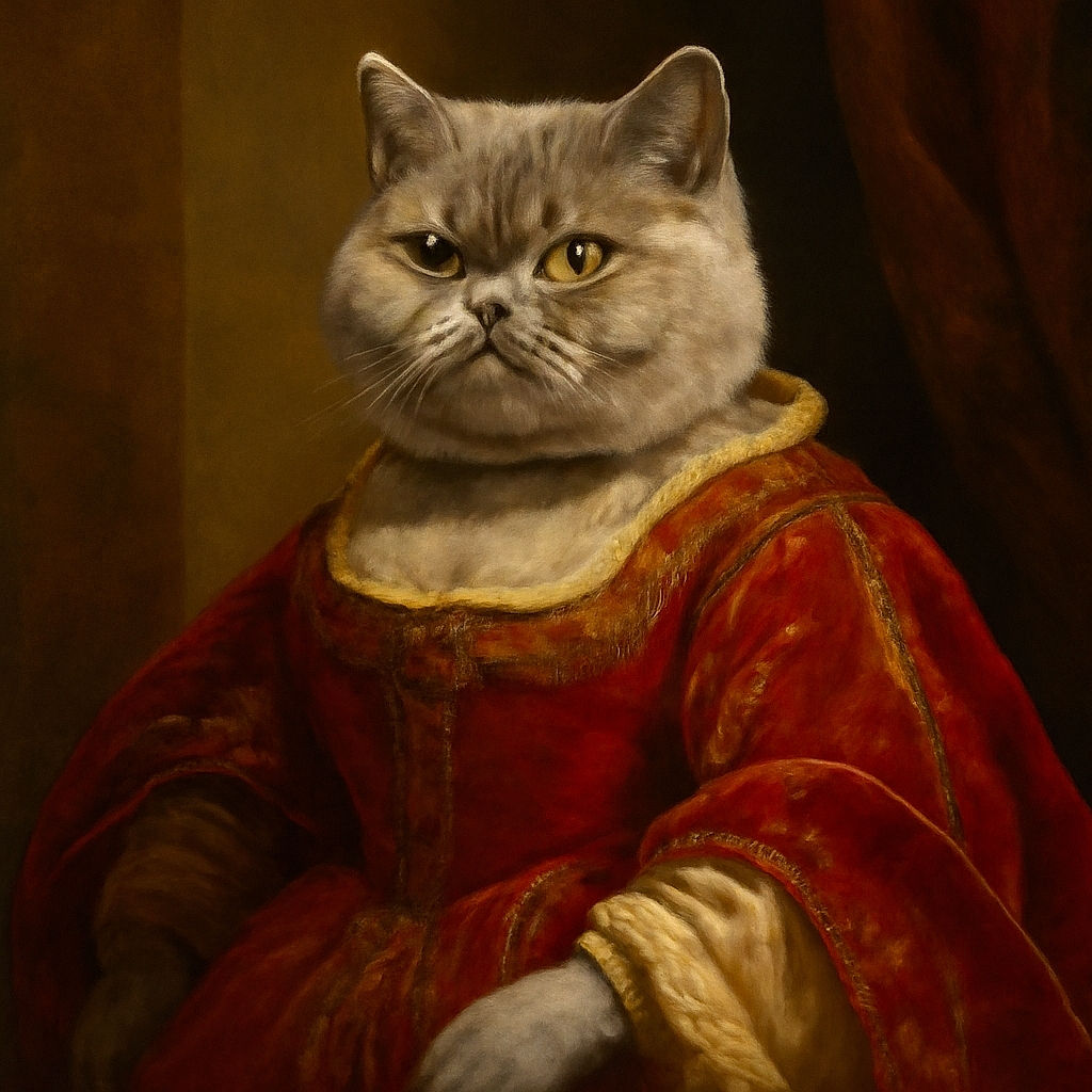 A fluffy gray cat lounging elegantly on shiny tiled floor, with a slightly grumpy yet adorable expression. The background is softly blurred, highlighting the cat's plush fur and intense amber eyes.