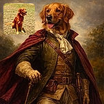 A golden retriever sporting a red bandana sits happily on a sunny grassy field, tongue out and eyes squinting in contentment, with a green trash bin blurred in the background.