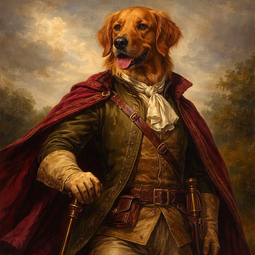 A golden retriever sporting a red bandana sits happily on a sunny grassy field, tongue out and eyes squinting in contentment, with a green trash bin blurred in the background.
