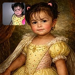 A cute toddler with pigtails and a colorful polka-dot dress looks curiously at the camera, with a bit of milk or food around the mouth, standing against a plain background.