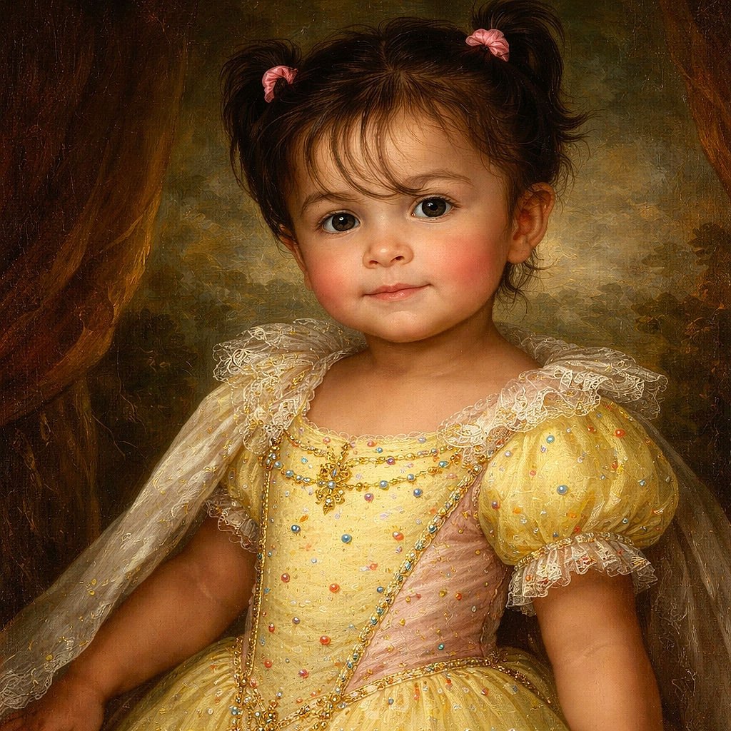 A cute toddler with pigtails and a colorful polka-dot dress looks curiously at the camera, with a bit of milk or food around the mouth, standing against a plain background.