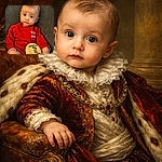 A wide-eyed baby in a bright red sweater stares into the camera with an expression that says 'I may be four months old, but I judge your snack choices.' Seated against a textured couch, the little one holds a wooden milestone disc while soft indoor lighting highlights chubby cheeks and glossy eyes.