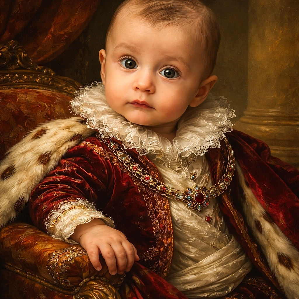 A wide-eyed baby in a bright red sweater stares into the camera with an expression that says 'I may be four months old, but I judge your snack choices.' Seated against a textured couch, the little one holds a wooden milestone disc while soft indoor lighting highlights chubby cheeks and glossy eyes.