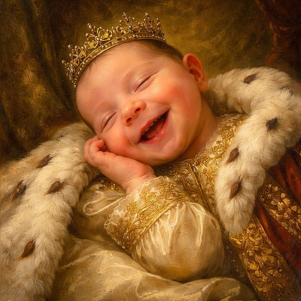 A heartwarming close-up of a smiling newborn baby peacefully resting on an adult's arm, with a cozy home background softly blurred. The baby's joyful expression and tiny hands create a tender and adorable moment.