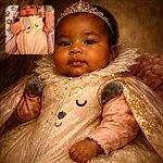 A chubby-cheeked baby in a pink patterned onesie stares sleepily up at the camera, bundled in soft blankets and tiny mittened hands flailing like a slow-motion victory dance. The background is a plush, pastel-print blanket with little animal shapes, making the whole scene look like a cozy marshmallow nest.