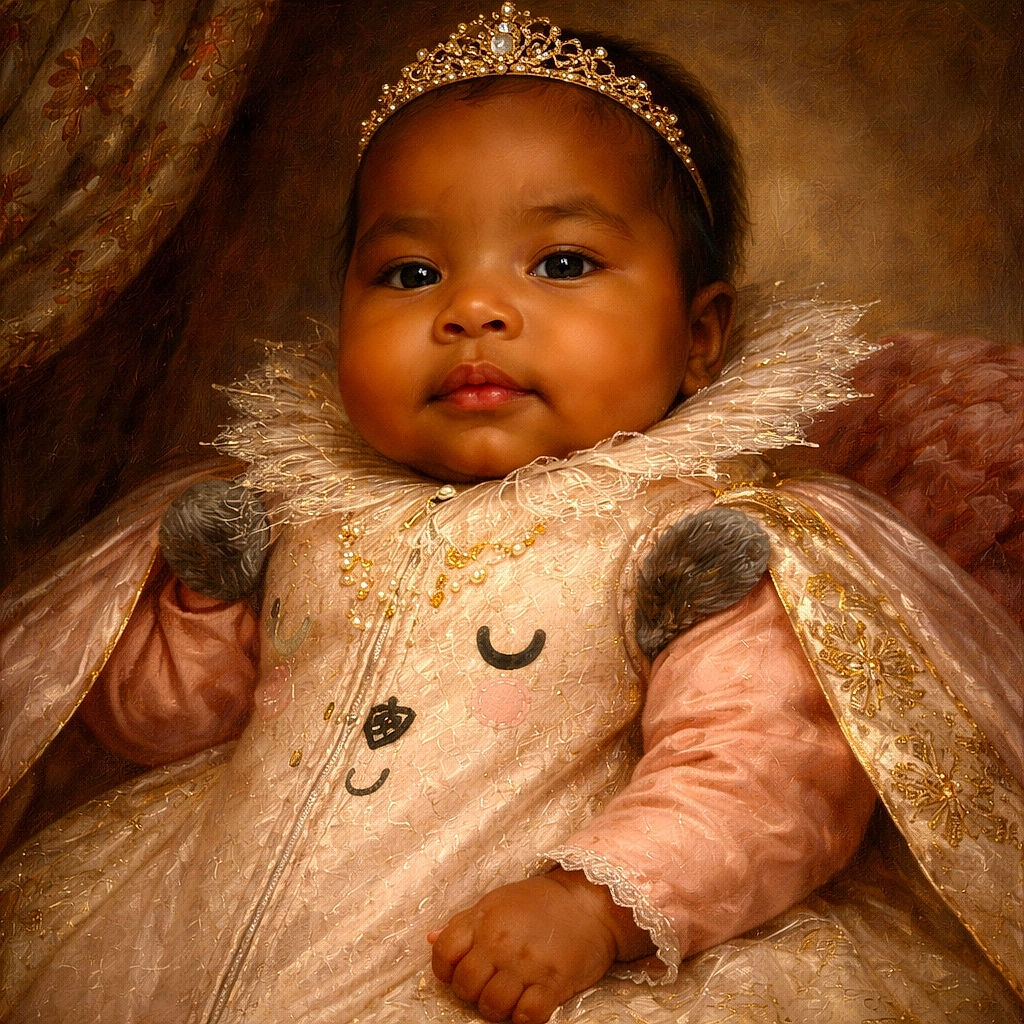 A chubby-cheeked baby in a pink patterned onesie stares sleepily up at the camera, bundled in soft blankets and tiny mittened hands flailing like a slow-motion victory dance. The background is a plush, pastel-print blanket with little animal shapes, making the whole scene look like a cozy marshmallow nest.