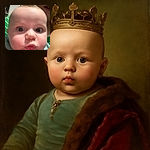 A close-up shot of a baby making a curious and slightly puckered face, with wide eyes and chubby cheeks, while a partial adult face is visible in the background wearing a green and white striped shirt.