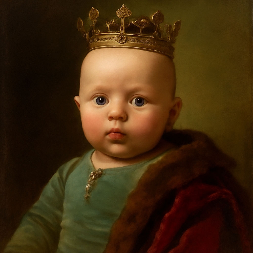 A close-up shot of a baby making a curious and slightly puckered face, with wide eyes and chubby cheeks, while a partial adult face is visible in the background wearing a green and white striped shirt.