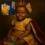 A smiling baby dressed in a frilly yellow outfit and matching headband sits comfortably on a plush blue chair. The baby's colorful rainbow ankle accessories add a playful touch. The photo has a large white text overlay saying 'Grandma suga moma,' making it look like a sweet, casual snapshot shared with family.