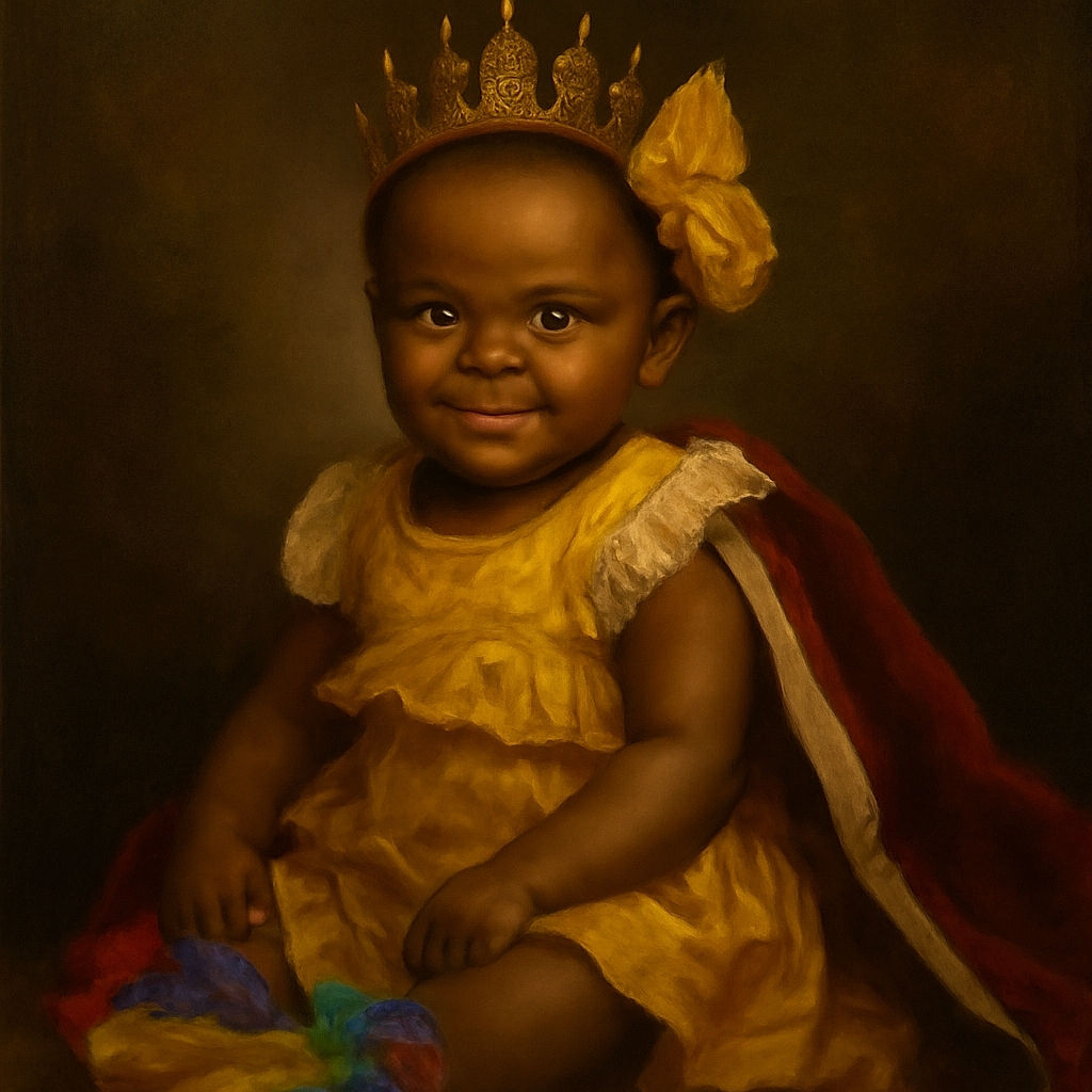 A smiling baby dressed in a frilly yellow outfit and matching headband sits comfortably on a plush blue chair. The baby's colorful rainbow ankle accessories add a playful touch. The photo has a large white text overlay saying 'Grandma suga moma,' making it look like a sweet, casual snapshot shared with family.