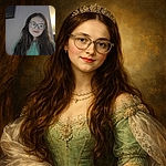 A young girl with long dark hair and oversized glasses smiles softly in a dimly lit room, wearing a green shirt. The background features a bright ceiling light and some indistinct wall decorations, giving a cozy, casual vibe.