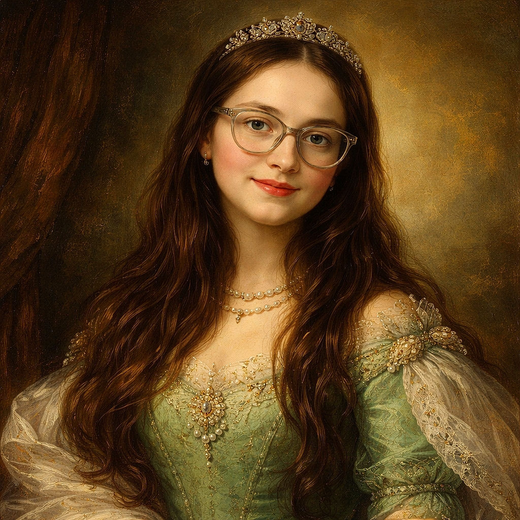 A young girl with long dark hair and oversized glasses smiles softly in a dimly lit room, wearing a green shirt. The background features a bright ceiling light and some indistinct wall decorations, giving a cozy, casual vibe.