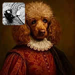 A charming black and white photo of a fluffy poodle sitting on a textured circular rug next to a bag and a card. The dog looks up with curious eyes, its curly fur contrasting beautifully with the patterned rug and wooden floor.