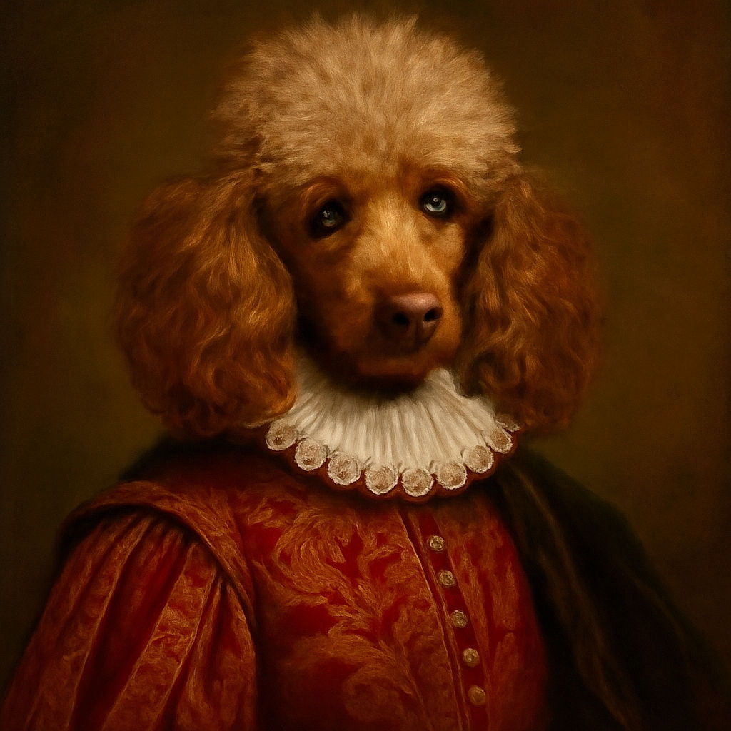 A charming black and white photo of a fluffy poodle sitting on a textured circular rug next to a bag and a card. The dog looks up with curious eyes, its curly fur contrasting beautifully with the patterned rug and wooden floor.