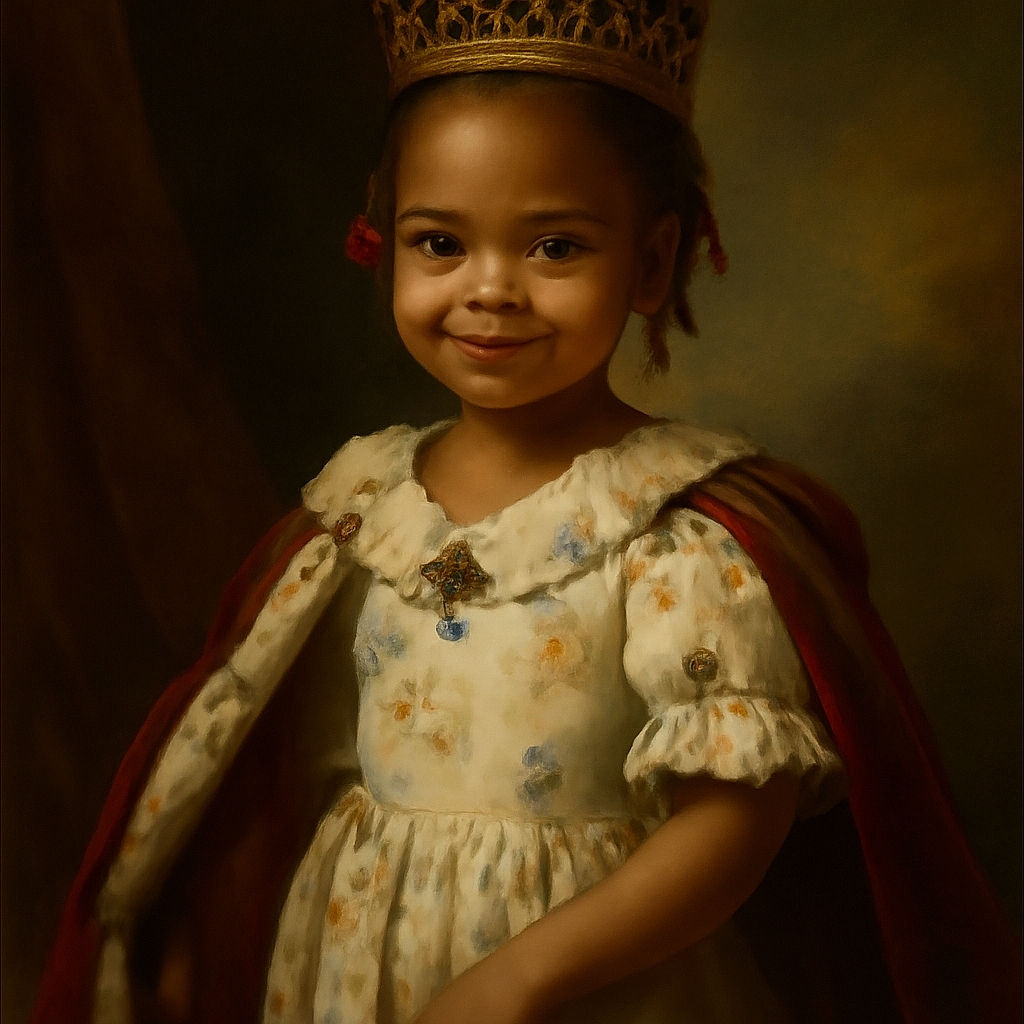 A cheerful little girl wearing a floral dress stands confidently in the foreground, flashing a shy smile. Behind her, a bearded man in casual attire sits on a wooden bench, with a leafy green neighborhood and a red truck visible in the background. The natural light and candid moment give the photo a warm, everyday charm.