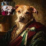 A weary, bandage-wrapped pup lounges like a tiny couch monarch — big soulful eyes, lopsided ears and a solemn snout resting on a red blanket while a cluttered nightstand and canister lurk in the background. It looks like the dog is plotting revenge on the vacuum but will nap first.