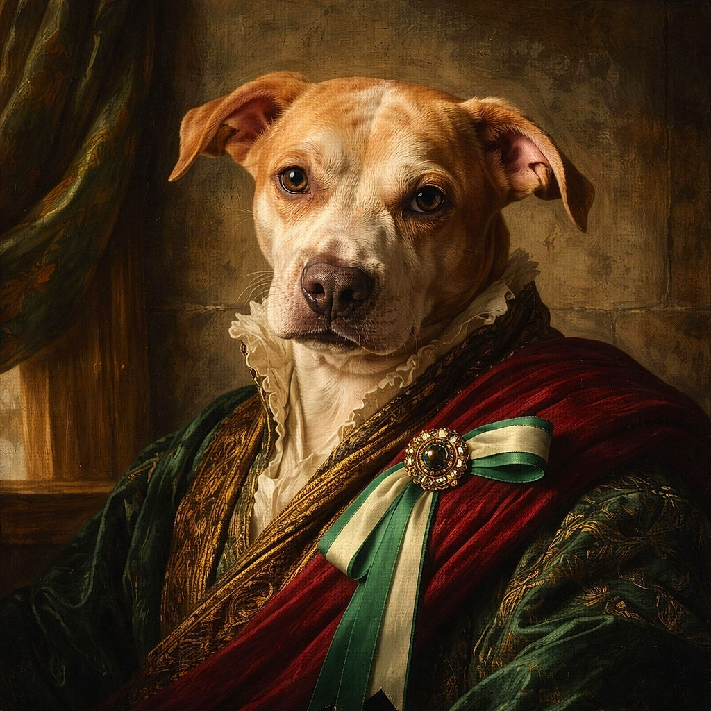 A weary, bandage-wrapped pup lounges like a tiny couch monarch — big soulful eyes, lopsided ears and a solemn snout resting on a red blanket while a cluttered nightstand and canister lurk in the background. It looks like the dog is plotting revenge on the vacuum but will nap first.