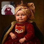 A cute baby dressed in maroon with a fox design and heart-patterned pants lounges comfortably on a fluffy white chair, sporting an adorable floral headwrap and a gentle smile, surrounded by a cozy indoor setting with baby products nearby.