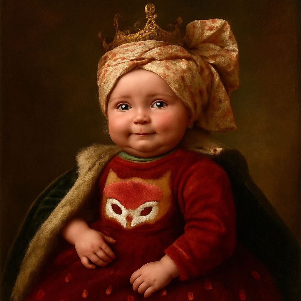 A cute baby dressed in maroon with a fox design and heart-patterned pants lounges comfortably on a fluffy white chair, sporting an adorable floral headwrap and a gentle smile, surrounded by a cozy indoor setting with baby products nearby.