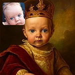 A close-up of a curious baby with big blue eyes gazing intently, tousled light hair, and a soft expression, set against a dark blurred background that makes the baby's features pop.