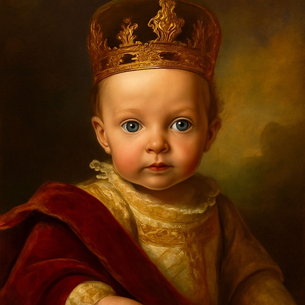 A close-up of a curious baby with big blue eyes gazing intently, tousled light hair, and a soft expression, set against a dark blurred background that makes the baby's features pop.