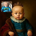 A wide-eyed baby with striking blue eyes sits securely in a cushioned baby seat, bathed in soft natural light. The baby wears a bright blue shirt with colorful French text, looking curiously at the camera with a slightly open mouth and tiny hands reaching out.