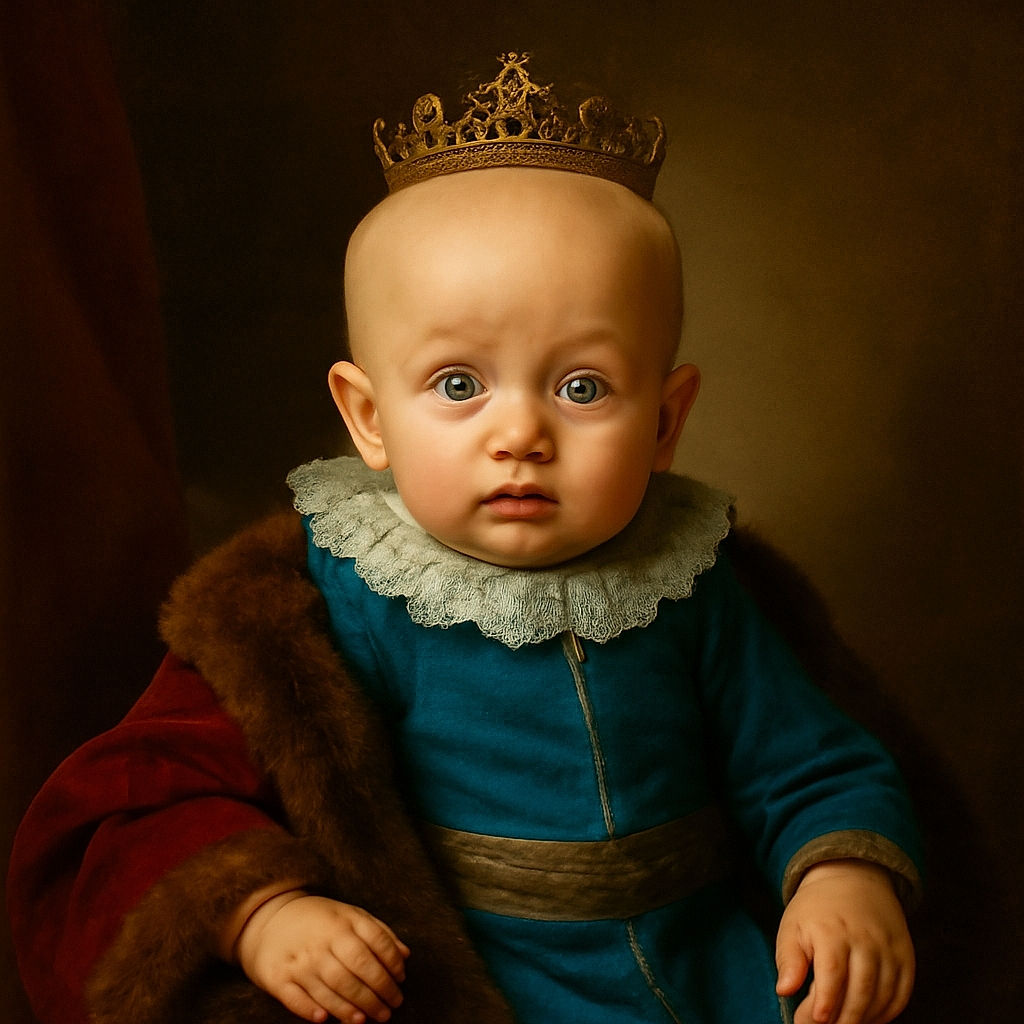 A wide-eyed baby with striking blue eyes sits securely in a cushioned baby seat, bathed in soft natural light. The baby wears a bright blue shirt with colorful French text, looking curiously at the camera with a slightly open mouth and tiny hands reaching out.