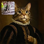A curious tabby cat is caught mid-step on a wooden floor, looking upwards with wide green eyes and perked ears, surrounded by playful toys and household furniture in the background.