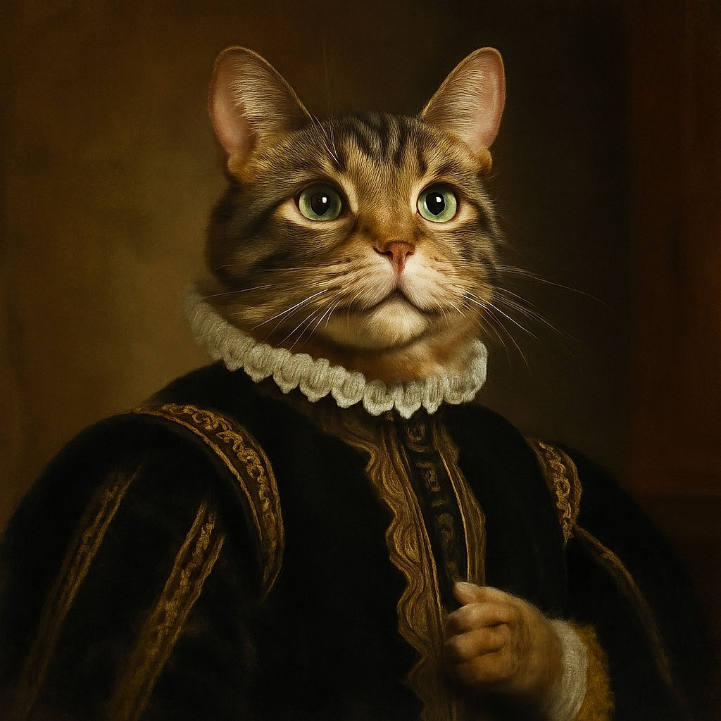 A curious tabby cat is caught mid-step on a wooden floor, looking upwards with wide green eyes and perked ears, surrounded by playful toys and household furniture in the background.