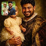 A joyful man is holding a smiling baby dressed in a delicate cream dress, both beaming with happiness amidst lush green tropical foliage, creating a warm and vibrant family moment.