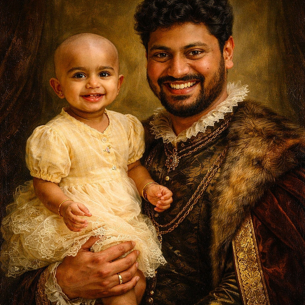 A joyful man is holding a smiling baby dressed in a delicate cream dress, both beaming with happiness amidst lush green tropical foliage, creating a warm and vibrant family moment.