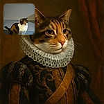 A calico cat sitting against a plain wall with a curious expression, the lighting casting a shadow that adds a bit of mystery to its fur pattern.