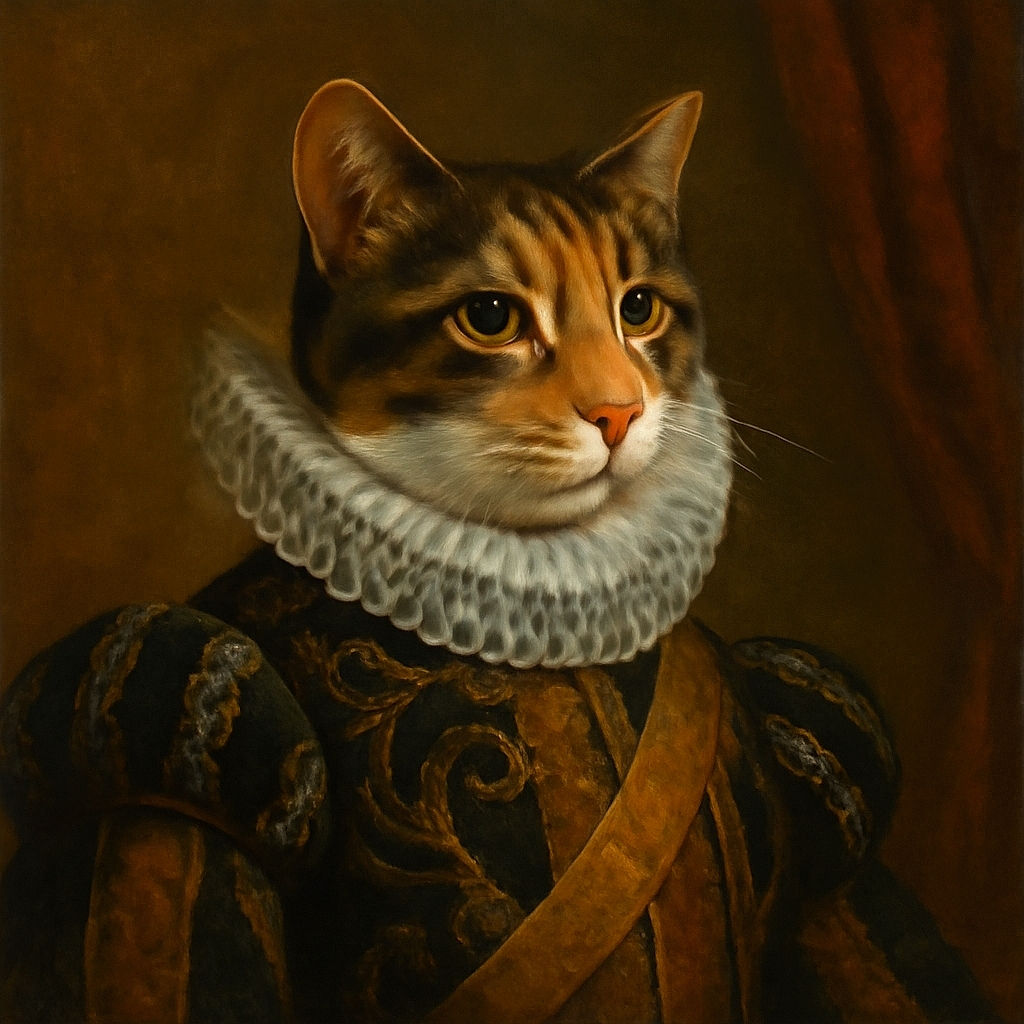 A calico cat sitting against a plain wall with a curious expression, the lighting casting a shadow that adds a bit of mystery to its fur pattern.