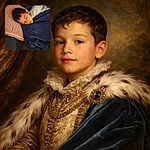 A peacefully sleeping young boy wrapped snugly in a navy blue blanket, resting his head on a cozy textured pink pillow, all set against a dark leather couch background.