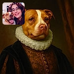 A joyful selfie featuring a woman with glasses and a big smile, hugging a happy dog with its tongue out. Pink heart stickers float above their heads, adding a playful and loving vibe to the warm indoor setting.