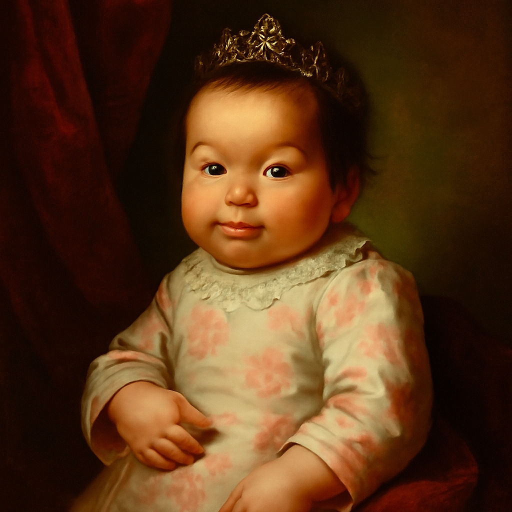 A sweet baby lies comfortably on a floral-patterned cushion, wrapped in a cozy outfit adorned with pink roses, gazing curiously at the camera with wide, sparkling eyes.