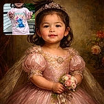 A cheerful toddler stands confidently outdoors wearing a pink oversized Stitch t-shirt and matching sandals, her hair playfully tied up with a purple band, framed against a white siding wall and green foliage background.
