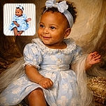 A cheerful baby girl dressed in a light blue floral dress and matching headband sits comfortably on a soft, textured white blanket background, flashing a happy smile and waving her hand as if greeting the world.